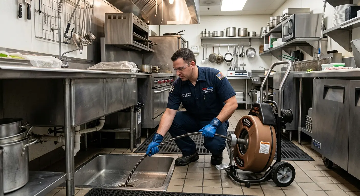 Commercial drain cleaning service in a restaurant kitchen in Long Beach
