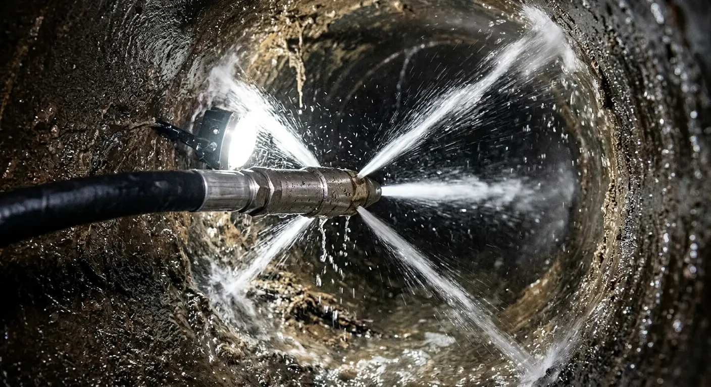 High-pressure hydro jetting nozzle cleaning sewer pipe for Storm Drain Cleaning in Long Beach