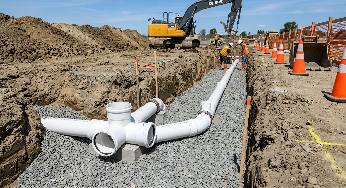 New PVC sewer pipe installation in open trench for Sewer Backup in Long Beach